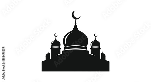 Mosque silhouette with crescent moon on top.