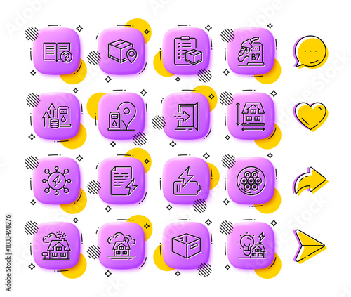 Diesel station, Power certificate and Entrance line icons. App 3d buttons. Social media comment, share, like icons. Pack of Office box, Realtor, Help icon. Vector