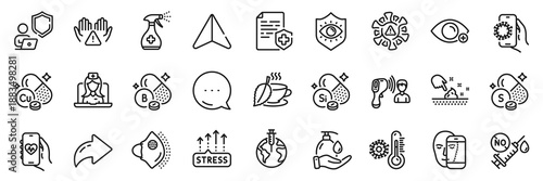 Covid app, Skin moisture and Mint tea line icons pack. Share, Message, Paper plane icons. Wash hands, Shield, Sulfur mineral web icon. Medical mask, Stress grows, Clean hands pictogram. Vector