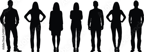 Black silhouettes of seven people standing in various poses white background 2