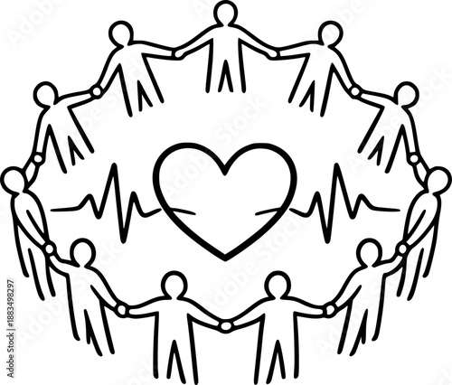 Human Circle Heart Vector - Black White Line Art Community Love Compassion Illustration People Holding Hands Connection Design on White Background
