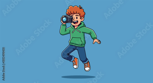 Young photographer jumping with camera capturing moments.