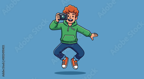 Young man jumping with camera capturing a moment.