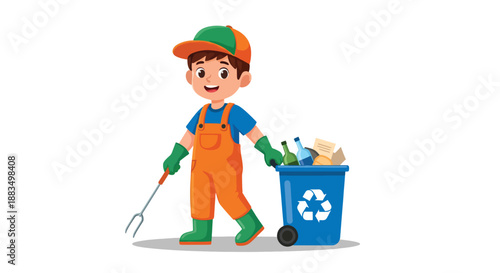 Young Boy Engaged in Environmental Cleanup with Recycling Bin.