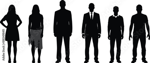 Black silhouettes of six people in business casual and formal attire