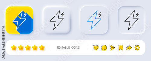 Power line icon. Neumorphic, Flat shadow, 3d buttons. Flash electric energy sign. Lightning bolt symbol. Line power icon. Social media icons. Vector