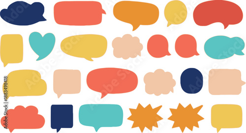 A vibrant and diverse assortment of speech bubbles and thought clouds in various playful shapes and colors is arranged on a black background, representing communication and dialogue.
