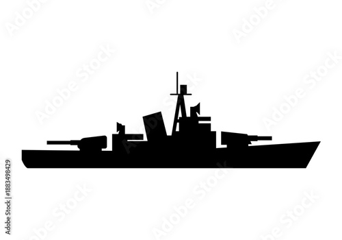 Silueta negra de barco de guerra militar tipo destructor con cañones