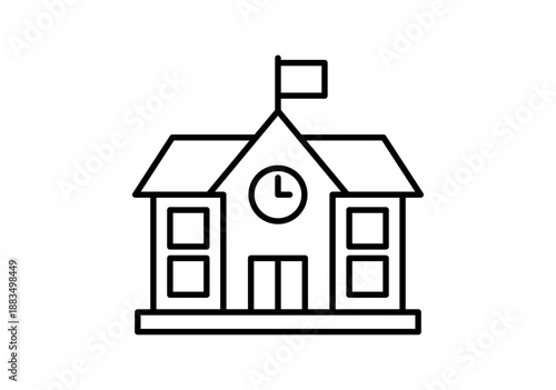 icono de edificio de escuela con reloj y bandera en la parte superior
