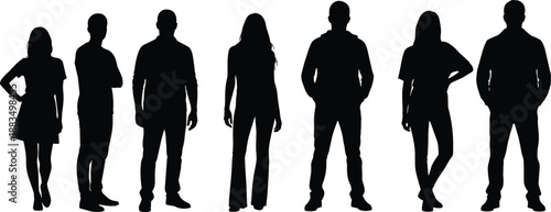 Black silhouettes of seven people standing on white background
