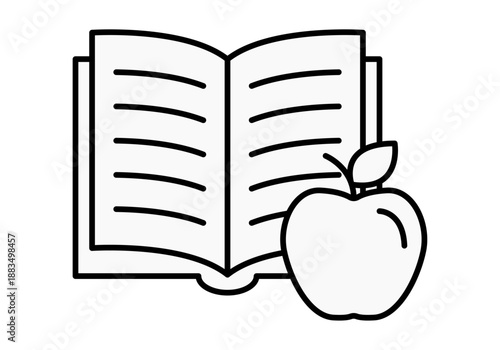 Icono de libro abierto con páginas de texto y una manzana de fruta al lado