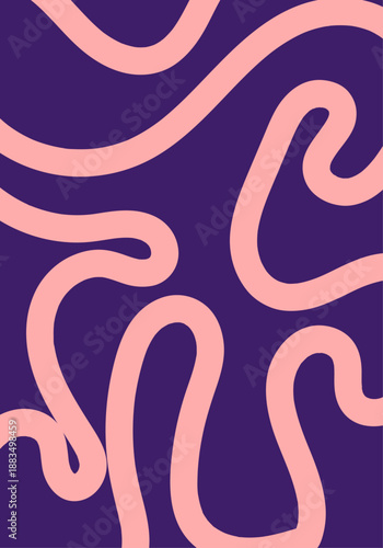 Fondo de patrón abstracto con líneas curvas onduladas de color rosa sobre fondo morado