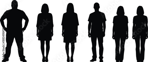 Black silhouettes of six people standing in various poses white background