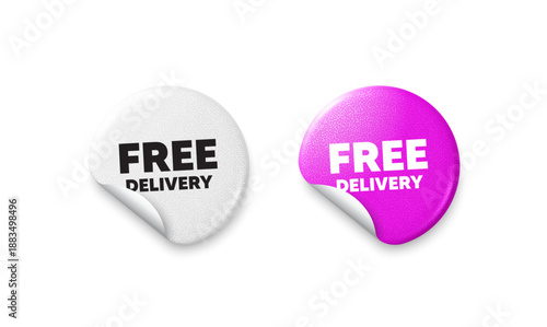 Free delivery sticker tags. Glitter paper price badge. Free delivery tag. Shipping and cargo service message. Business order icon. Offer round sticker. Promo banner. Vector