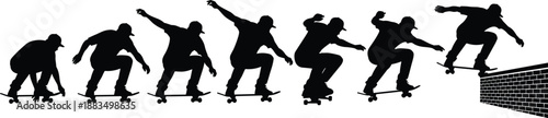 Black silhouettes of skateboarders performing tricks stunts