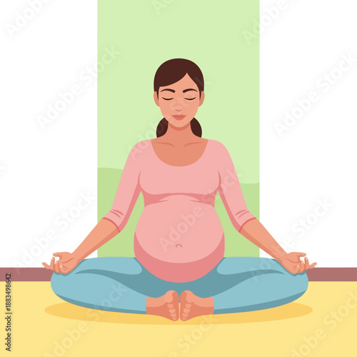 Pregnant Woman Practicing Yoga Meditation Pose.