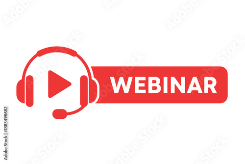 Red webinar icon with headset and play button on rectangular label