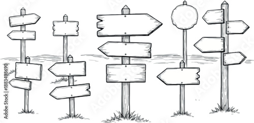 A stylized collection of various rustic wooden direction signs and blank arrows on poles is presented in a monochrome, hand-drawn style, indicating choices and paths.