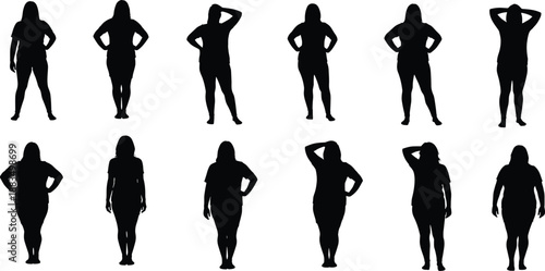 Black silhouettes of women in various poses white background