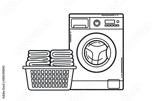 A black and white line drawing of a washing machine with a basket of laundry next to it