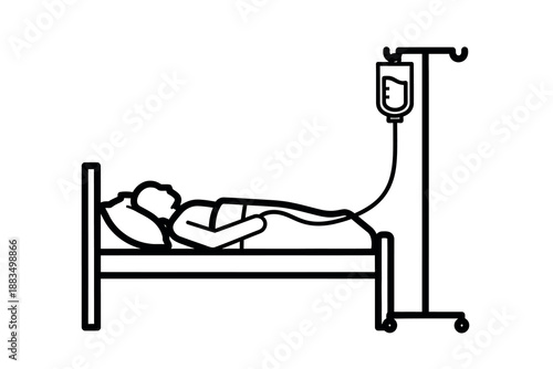 Patient lying in hospital bed with intravenous drip on stand beside