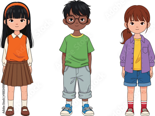 Cartoon children standing in different outfits kids smiling