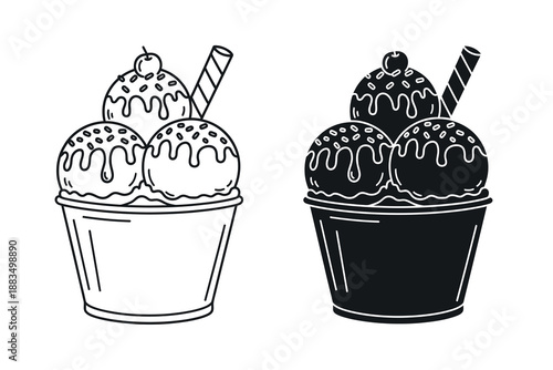 Black and white illustration of ice cream cups with scoops and toppings