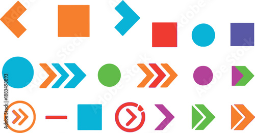 A diverse and colorful array of user interface elements, including geometric shapes and various arrow icons, designed for navigation and interactive digital experiences.