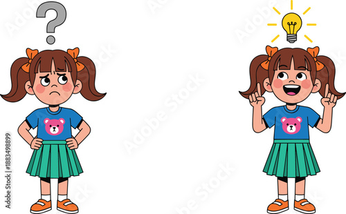Cartoon girl with pigtails and bear shirt has idea orange bows blue shirt