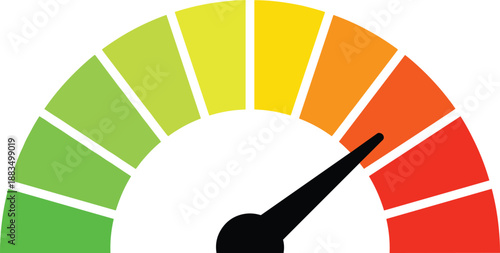 Colorful gauge meter with black pointer on white background dial gradient