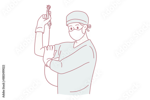 Stomatology dentist and tooth care concept. Man doctor dentist in blue working uniform and medical mask standing holding tool for curing cavity before work vector illustration