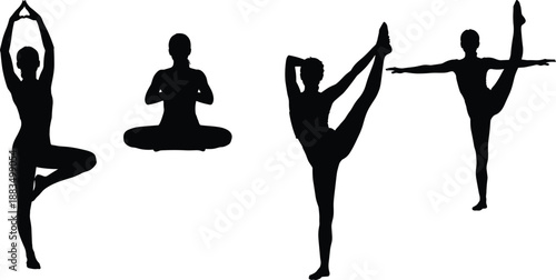 Four black silhouettes of people in various yoga poses on white background exercise
