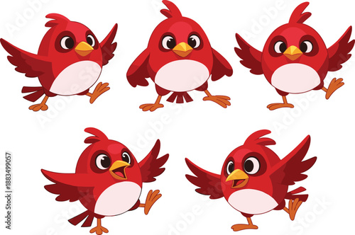 Five red cartoon birds with white bellies and orange beaks red birds white belly