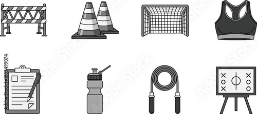Gray of sports equipment and road barriers on white roadblock cones soccer goal sports bra
