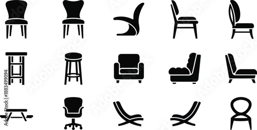 Chairs and seating furniture set vector illustration. Chairs, stools, armchairs, and tables, dining chairs, bar stools, and lounge chairs styles icons. 
