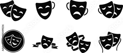 Comedy and tragedy masks theatre performing arts icons. 