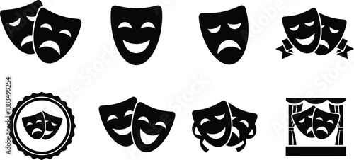 Comedy and tragedy masks theatre performing arts icons. 