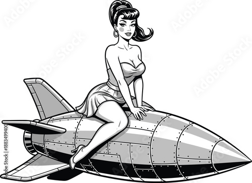 Pinup girl sitting on a rocket woman airplane