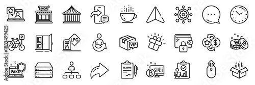 Fake internet, Bitcoin and Open door line icons pack. Share, Message, Paper plane icons. Carousels, Open box, Framework web icon. Clipboard, Bicycle parking, Share pictogram. Vector