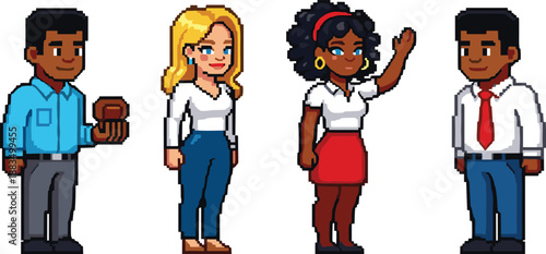 Pixel people characters diverse group pixel cartoon colorful