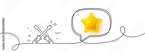 Screwdriver line icon. Continuous line with 3d star. Repair service sign. Fix instruments symbol. 3d star in speech bubble. Screwdriverl single line ribbon. Loop curve pattern. Vector