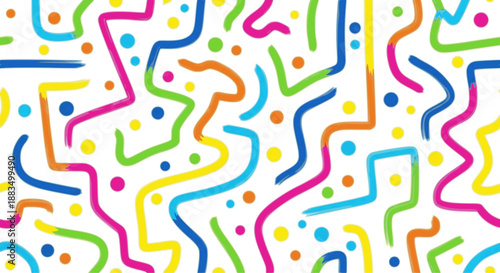 Funky geometric maze colorful seamless pattern. Bold brush drawn curved and zigzag lines with dots.

