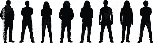 Seven black silhouettes of people standing on white background