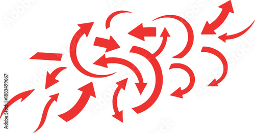 A dynamic cluster of vibrant red curved arrows intricately intertwines and spirals, creating a visually complex network of paths against a dark black background.