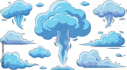 A playful collection of blue cartoon smoke and cloud elements, including dramatic upward bursts and gentle floating wisps, are charmingly animated against a black background.