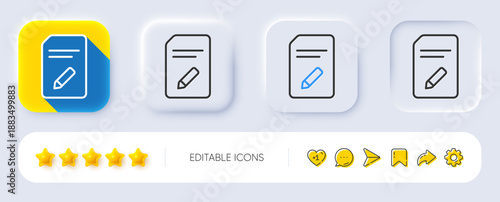 Edit Document line icon. Neumorphic, Flat shadow, 3d buttons. Information File sign. Paper page with pencil concept symbol. Line edit document icon. Social media icons. Vector