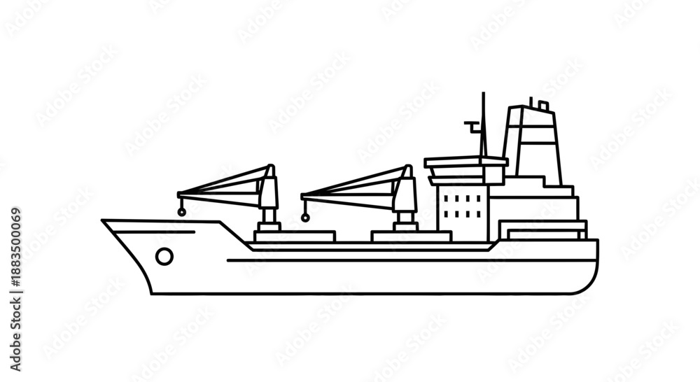 Obraz premium Line art illustration of a large cargo ship transporting goods across the ocean, symbolizing global trade and maritime logistics