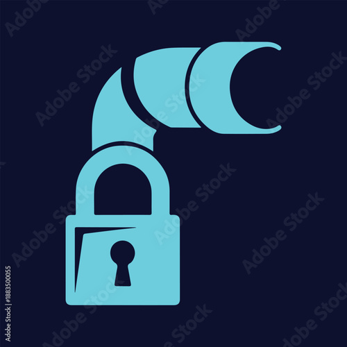 Cyan padlock featuring segmented flexible shackle curving right on navy background