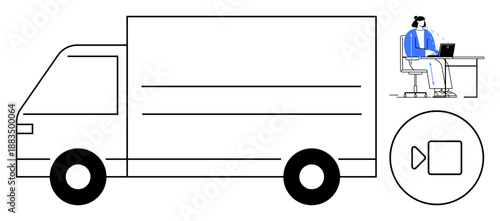 Logistics concept. Logistics with a delivery truck, video call icon, and remote worker at a desk. Logistics enhances remote work solutions and global communication. For delivery, e-commerce