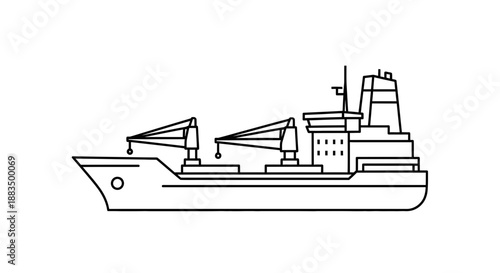 Line art illustration of a large cargo ship transporting goods across the ocean, symbolizing global trade and maritime logistics